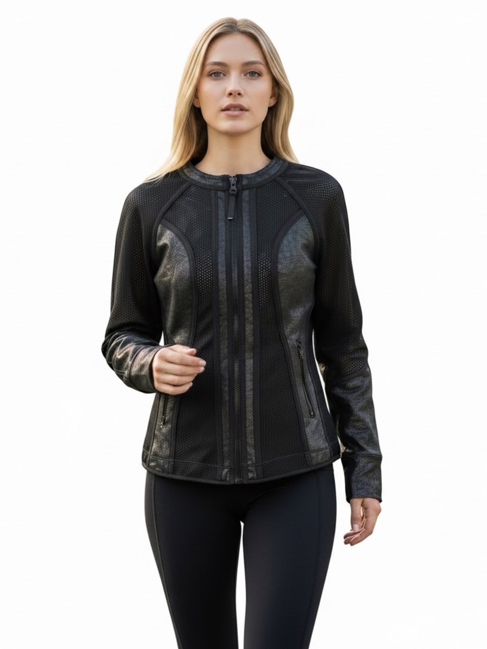 Zella Black Perforated Mesh Faux Leather Zip-Front Jacket Size Large